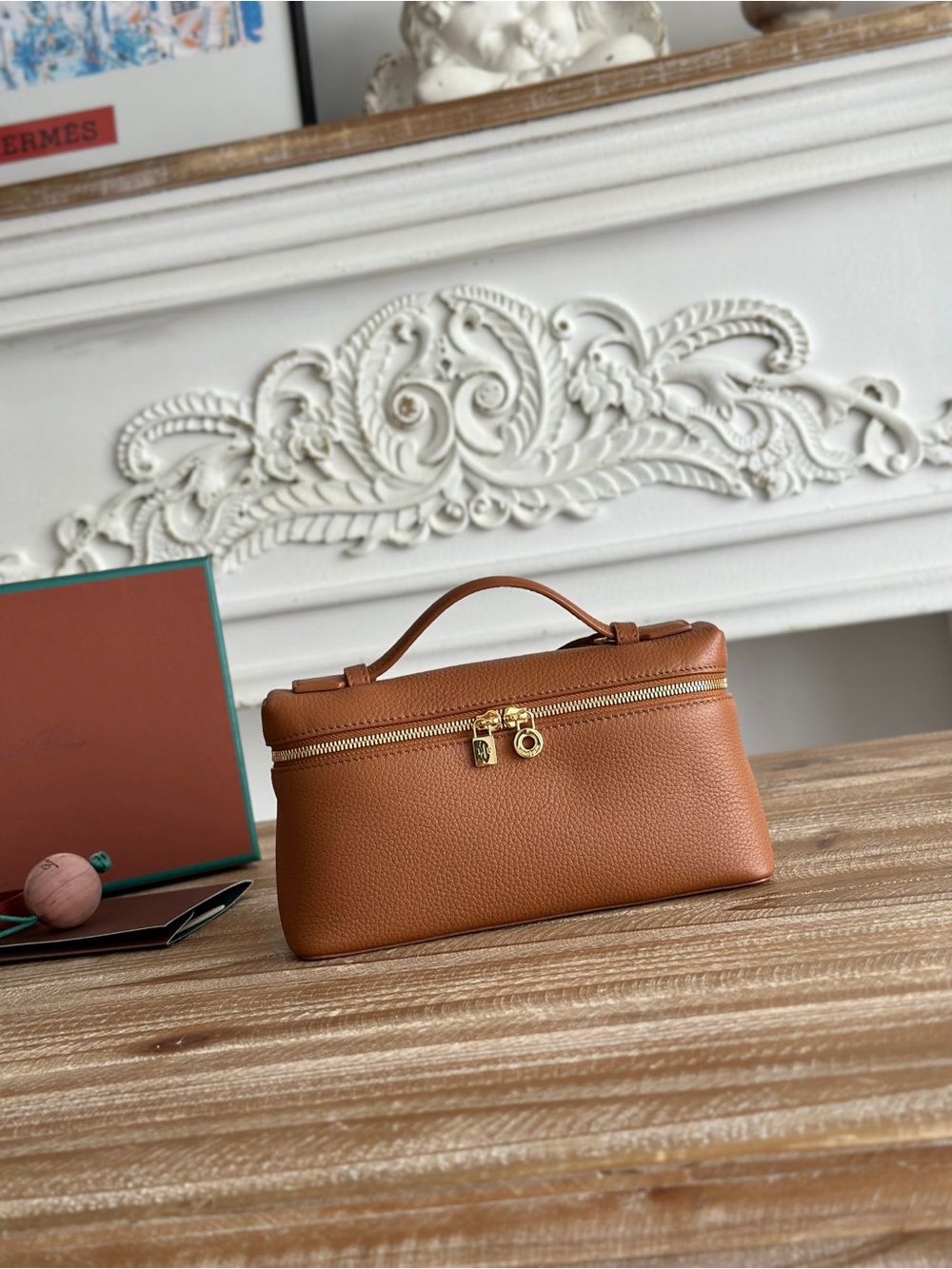 Brown Pebble Leather Top-Handle Cosmetic Case